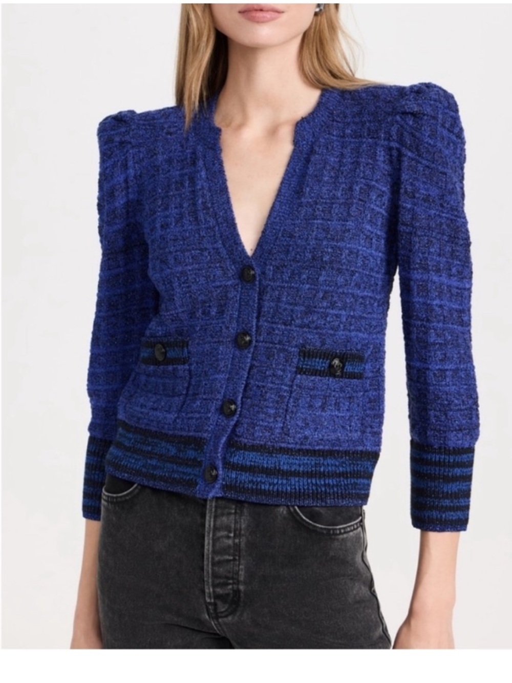 L'AGENCE jenni waffle stitch cardigan in blue/black multi M
